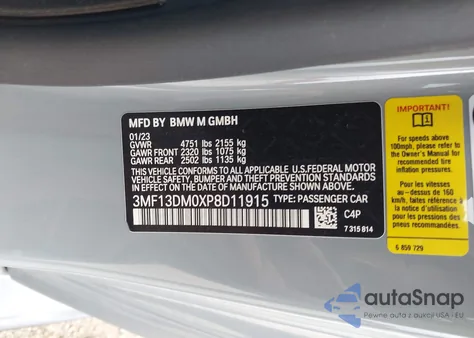 2023 BMW M2 z USA, uszkodzony, nr VIN 3MF13DM0XP8D11915